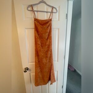 Orange floral cowl neck slip midi dress